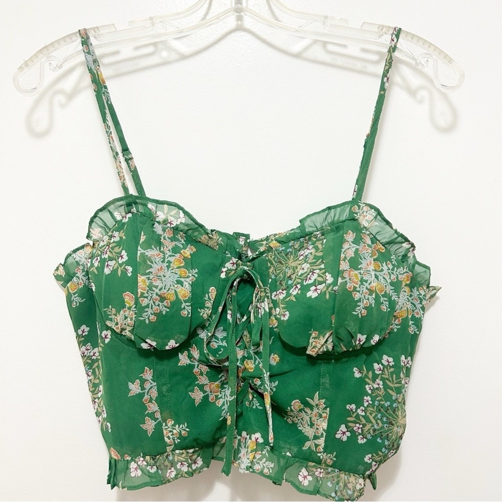 J.O.A. Floral Corset Top Green Ruffle‎ Lace Up Large NWT - Picture 2 of 3